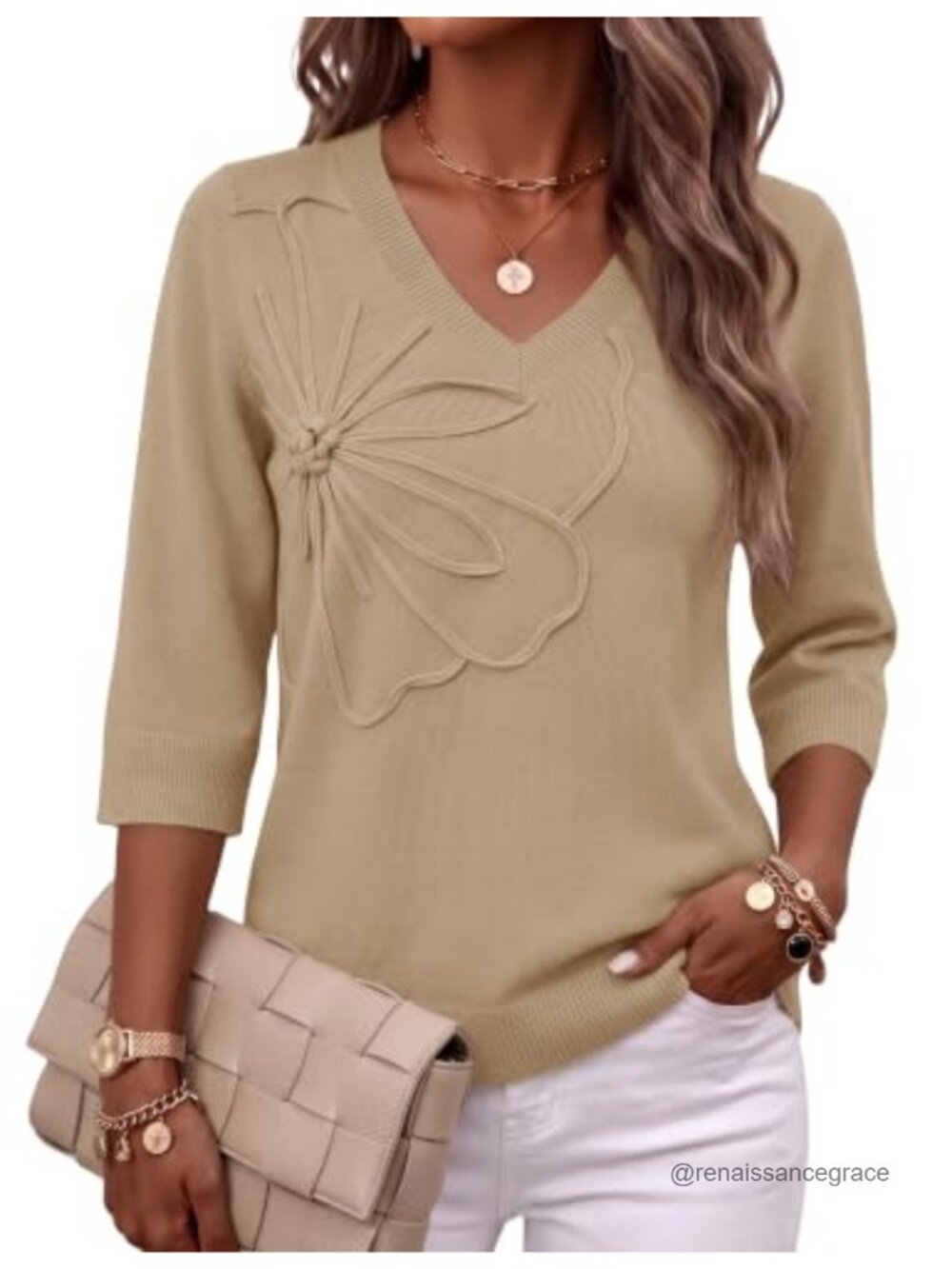 Womens V Neck Sweater 3/4 Sleeve Pullover Knit Top